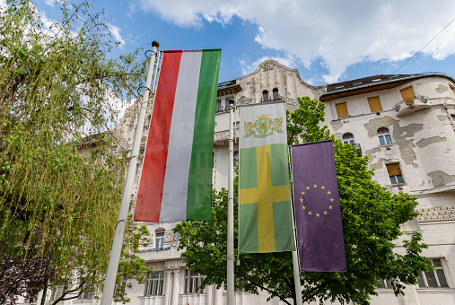 A picture of the Budapest, Hungarian and European Union flags.