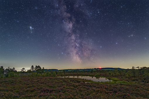 Photo of the Milky Way in the skies over a landscape in the Alentejo district in the South of Portugal. Film and grain simulation on processing.