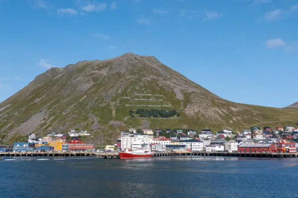 view to Honningsvag harbor at the northcape - german: Nordkap- from the cruise ship.