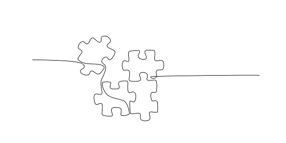Continuous single line drawing of four puzzle pieces. Problem solving and solution business metaphor. One line drawing of puzzle piece for idea, business, thinking process, creativity. Editable stroke