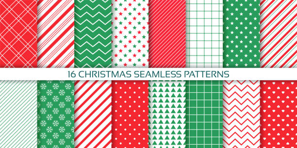 Christmas pattern. Collection Xmas backgrounds. Vector illustration Xmas pattern. Christmas background. Seamless prints with candy cane stripes, zig zag, triangle, polka dot, plaid. Set New year textures. Festive wrapping paper. Red green backdrop. Vector illustration candy cane striped stock illustrations