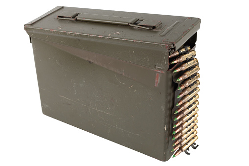 Ammunition belt with cartridges in green ammunition boxes