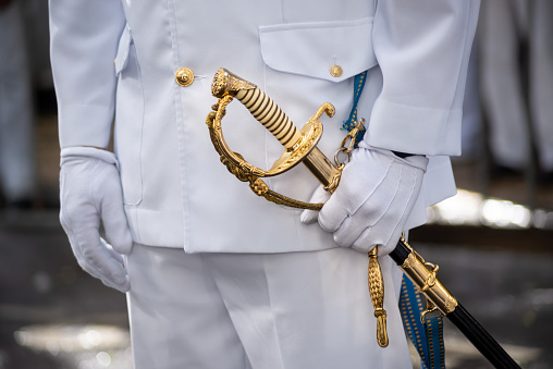 Salvador, Bahia, Brazil - September 07, 2023: A navy officer is seen with his sword during Brazilian independence celebrations in the city of Salvador, Bahia.