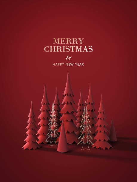 Red paper pine trees on red background with Merry Christmas text.