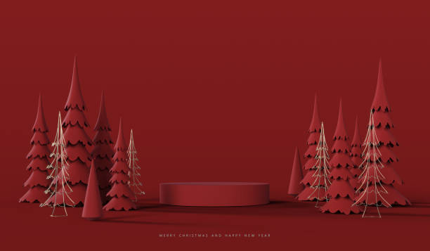 istock Red Christmas paper pine trees decoration with empty mockup podium on red background. 1666607879