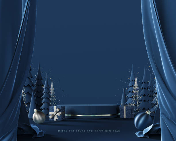 podio natalizio blu vuoto per la presentazione del mockup del prodotto. decorazione artigianale di carta di natale blu con testo di buon natale su sfondo blu. - backdrop design decoration winter foto e immagini stock