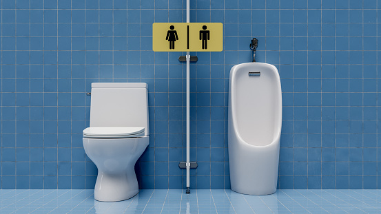 Men and Women Toilet Sign and Urinal and Toilet unit backgrounds, 3d rendering