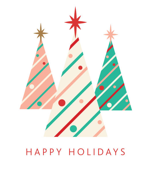 istock Happy Holidays Greeting abstract geometric Christmas trees greeting card flat design template 1666618618