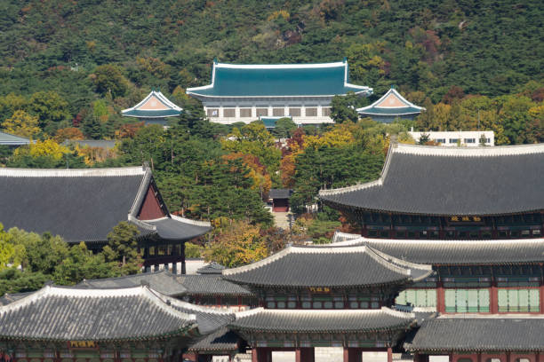 The Blue House, the former residence of the South Korean president and now a museum, is seen amid traditional-style roofs of buildings in Gyeongbokgung Palace.