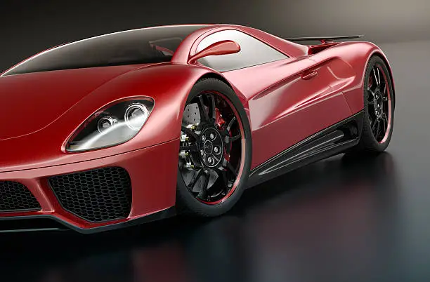 Close view of a modern red sports car. Unique generic car design.  Designed and modelled entirely by myself. Very high resolution 3D render. All markings are ficticious.