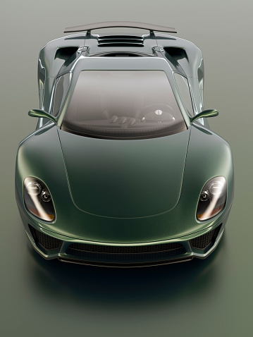A modern dark green sports car. Unique generic car design.  Designed and modelled entirely by myself. Very high resolution 3D render. All markings are ficticious.