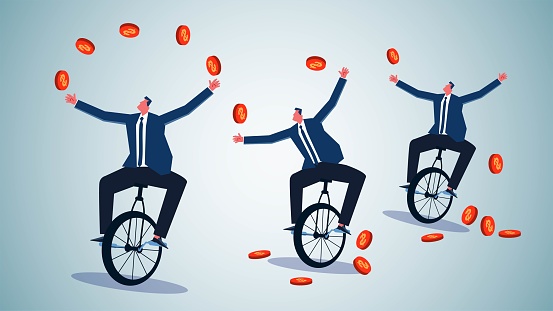 Learning or training process, from failure to success of perseverance, challenge difficulties do not give up, businessman riding a unicycle show commercial acrobatics from failure to success of the training process