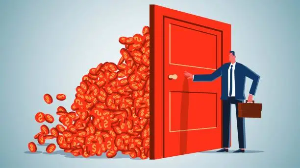 Vector illustration of The Door to Wealth, The Secret of Success, The Secret of Wealth Management or Investing, The Businessman Goes to Open the Door to the Room Full of Money