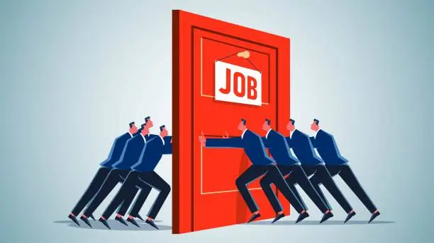 Vector illustration of Career recruitment and competition, waves of unemployment, fierce competition for jobs, a group of businessmen inside the gate against a group outside the gate