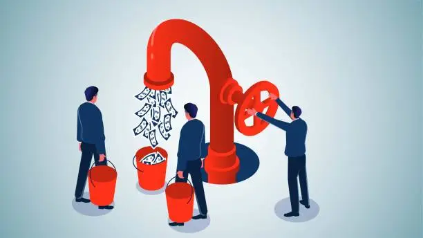 Vector illustration of Handouts, economic bailouts, cash is king, money flows, profits from business or investments, investments or stock market dividends, open taps flowing money businessmen have taken buckets of water to get it