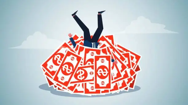 Vector illustration of Money traps or temptations, greedy businessmen fall into traps, bad decisions lead to failures or losses, business crises or business problems, businessmen fall into money piles