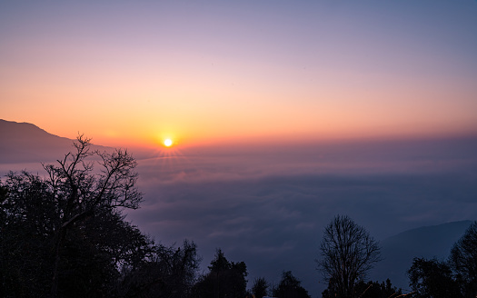 Gloomy Sunrise view over the Mountain in Mardi, Nepal.