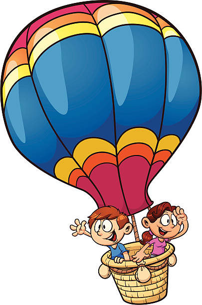 Kids in a balloon Kids riding a hot air balloon. Vector clip art illustration with simple gradients. All in a single layer. girl levitating stock illustrations