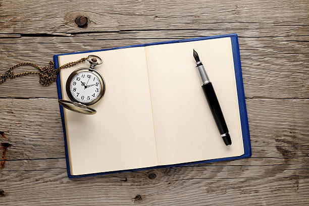 istock Antique watch and fountain pen on old note book 166673905