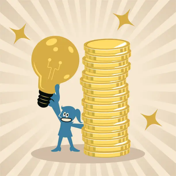 Vector illustration of A smiling businesswoman shows a big idea light bulb and a stack of gold coin money