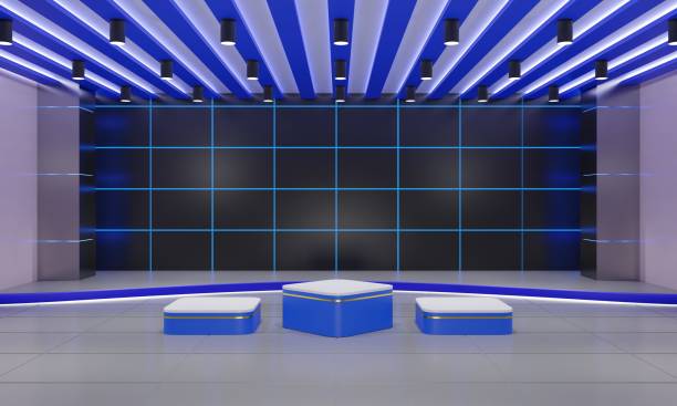 istock blue podium with spotlight in the blue room.3d rendering. 1666778423