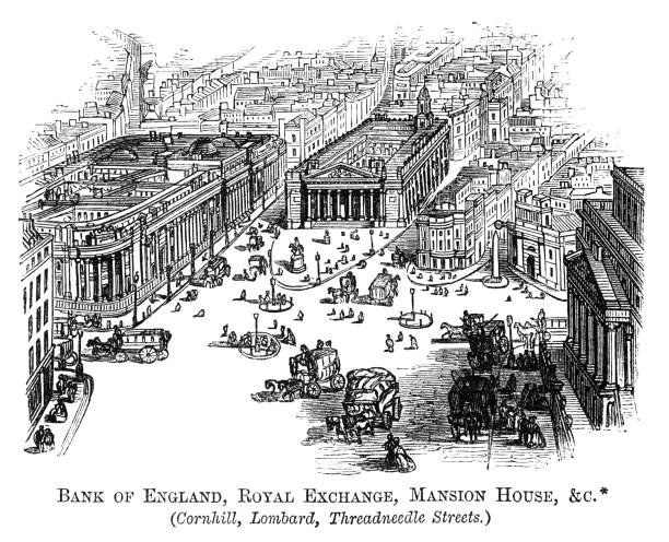 bank of england, royal exchange and mansion house (1871 engraving) - bank of england stock illustrations