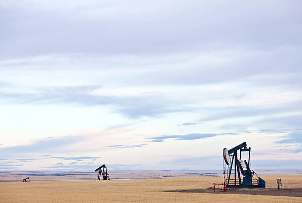Prairie Pumpjacks Near Calgary Alberta Three pumpjacks on the prairie (Alberta, Canada). Oil and gas industry is a one of the economic drivers in the prairie provinces in Canada. These three pumpjacks are located near Calgary. Nobody is in the image. Image taken in February with no snow on the ground. Drilling activity has been hurting in the province due to the lower price of oil.  lethbridge alberta stock pictures, royalty-free photos & images