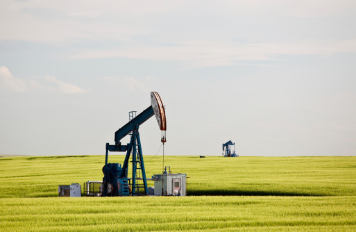 A pumpjack in a wheat field. Alberta, Canada. The oil industry is a staple in the western Canadian economy. Fossil fuel, gas, natural resources, etc. are the source of thousands of jobs in the province. 