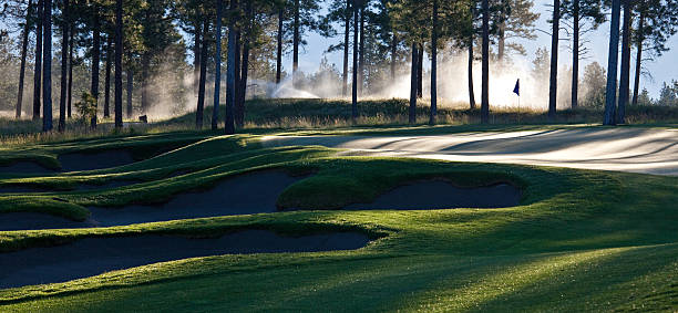panoramique sur le parcours de golf - sports flag flag shadow golf flag photos et images de collection