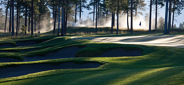 campo da golf con vista panoramica - golf panoramic golf course putting green foto e immagini stock