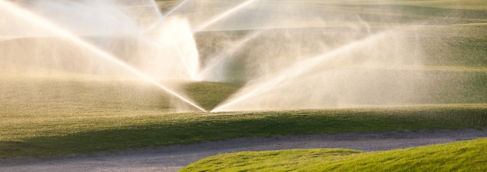 A golf course being watered with irrigation. Panorama. Backlit water sprinklers and irrigation system - residential or commercial - in use. This is a row of sprinkler heads on a pristine golf course in the desert. Themes of the image include Audubon, water conservation, irrigation, turf management, nitrogen, aerification, turf, irrigate, golf industry, and water management. Nobody is in the image. 