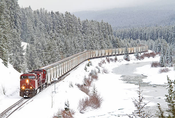 Red Train Speeding Through Rocky Mountains stock photo