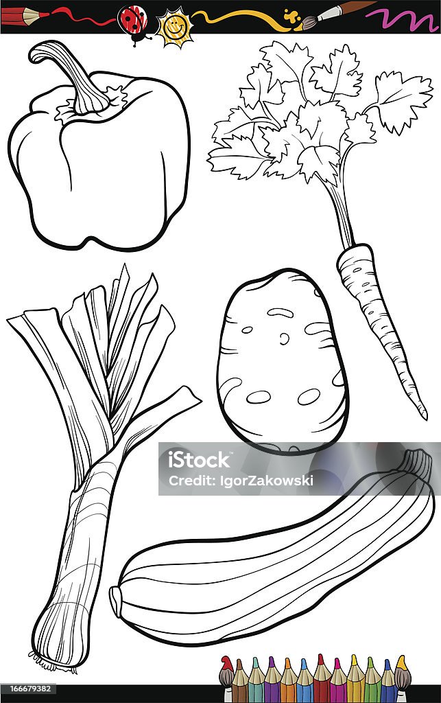 Fumetto impostato per libro da colorare verdure - arte vettoriale royalty-free di Agricoltura