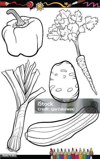 Мультяшный Овощей Набор Для Книгараскраска — стоковая векторная графика и другие изображения на тему Без людей - Без людей, Белый, Вегетарианское питание