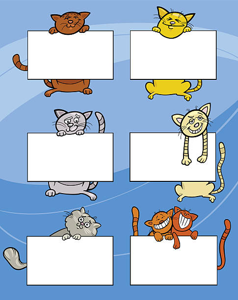 ilustraciones, imágenes clip art, dibujos animados e iconos de stock de dibujos animados gatos o conjunto de tarjeta de - invitation blank smiling business card