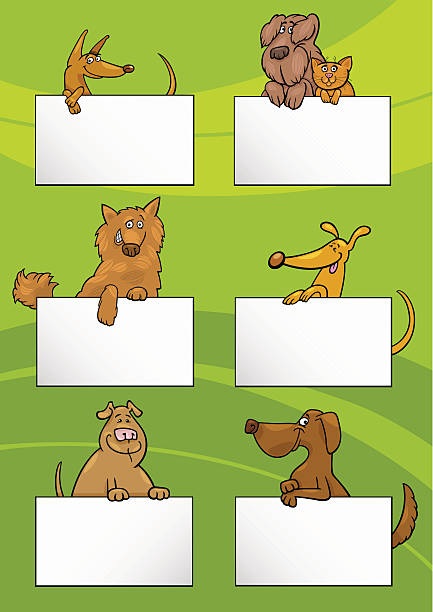 ilustraciones, imágenes clip art, dibujos animados e iconos de stock de perros con las tarjetas de historieta juego de diseño - invitation blank smiling business card