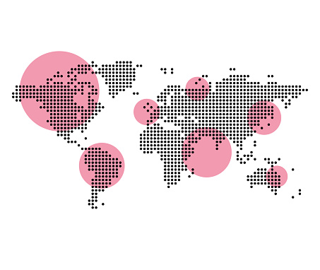 Vector illustration of a dotted world map with circles highlighting different parts of the world. Cut out design element on a transparent background on the vector file.