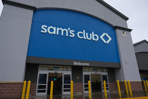 Citrus Heights, California, USA - February 4, 2023:  Entrance of Sam's club warehouse located at 7147 Greenback Ln in Citrus Heights, California. Sam's club is a members only wholesale warehouse offering name brand products at a discounted rate.