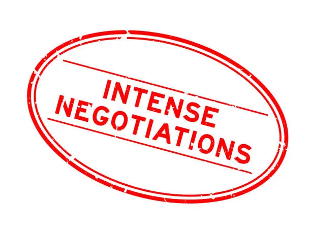 Vector illustration of Grunge red intense negotiations word oval rubber seal stamp on white background