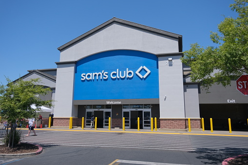 Citrus Heights, California, USA - July 29, 2023:  Entrance of Sam's club warehouse located at 7147 Greenback Ln in Citrus Heights, California. Sam's club is a members only wholesale warehouse offering name brand products at a discounted rate.
