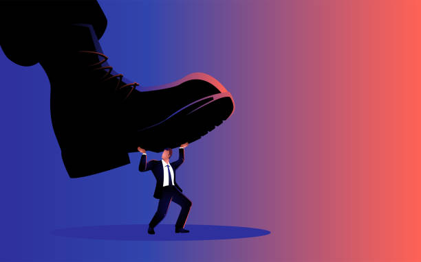 Giant army boot trampling on a man Vector illustration of a giant army boot trampling on a man, dictator, under pressure, oppression concept big feet cartoon stock illustrations