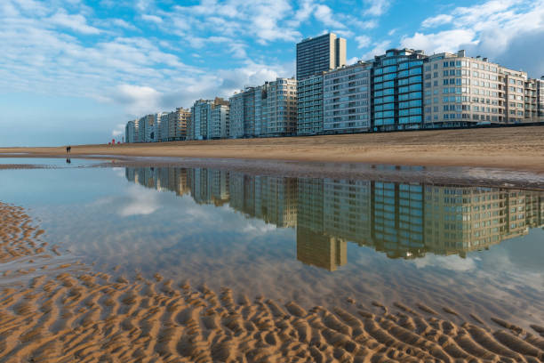 Oostende (Ostend) beach city skyline reflection, West Flanders, Belgium.