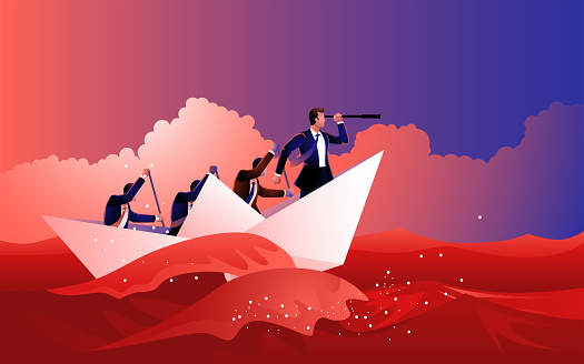 Businessmen struggle to wade through the red sea with paper boats. A powerful metaphor for overcoming obstacles, navigating difficulties, and persevering against all odds