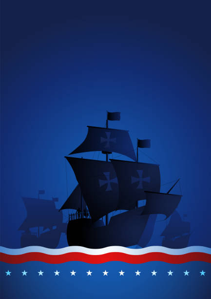콜럼버스 배, 라 산타 마리아, 핀타, 니나가 푸른 배경에 광활한 바다를 가로질러 항해하고 있다 - back lit silhouette backgrounds customized stock illustrations