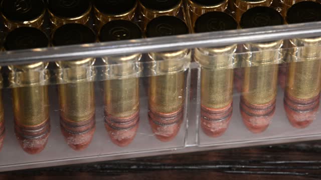 slow close-up of .22 long bullets for a rifle, pistol or other firearm