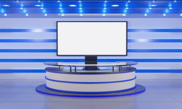 istock white table and lcd background in a news studio room.3d rendering. 1666865830