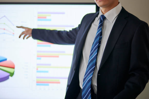 istock Japanese businessman wearing a suit giving a presentation 1666867433