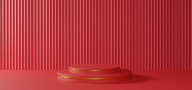 istock red podium with showcase in the studio room.3d rendering. 1666901658