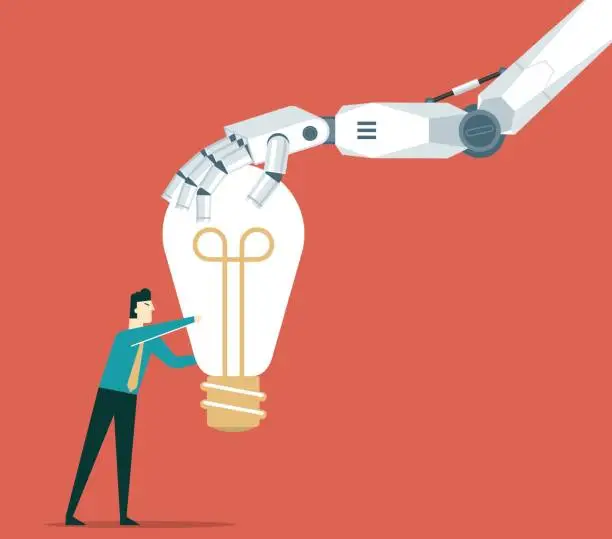 Vector illustration of Businessman - artificially intelligent robot - lightbulb