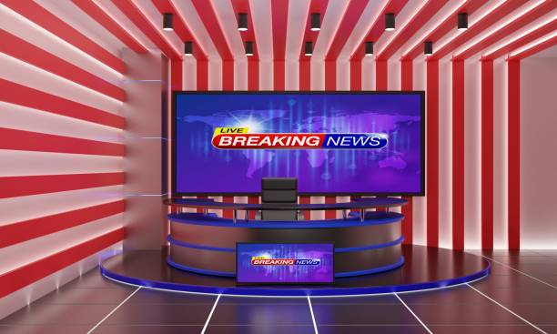 istock glass table and lcd background in the news studio room.3d rendering. 1666930930
